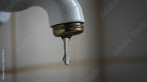 Close-up of a tap with very weak water flow, showing minimal pressure and small drips. lack of water