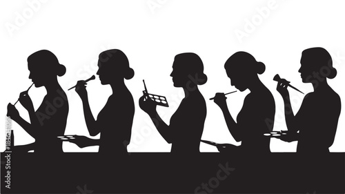Women Applying Makeup Silhouettes Isolated on White Background