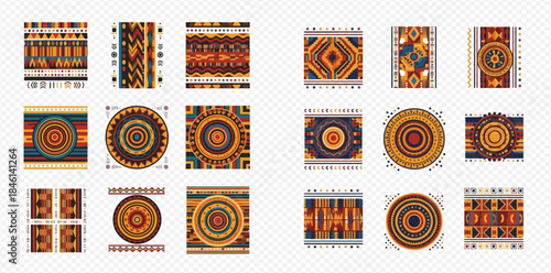 Set of ethnic tribal carpets and rugs with various geometric patterns and ornamental designs.