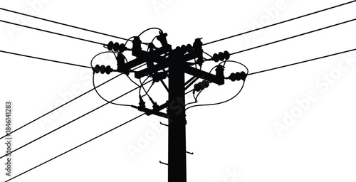 Utility pole with transformer silhouette, electrical components, power lines, insulators, energy distribution, black vector, urban grid, overhead infrastructure, voltage system