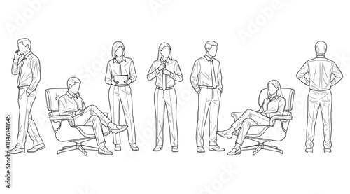 Black-and-white line drawing of six professionals in office setting, seated with laptops or standing with mobile devices and tablets, symbolizing workplace ergonomics, technology use, communication, a