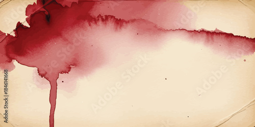 Realistic vector background of deep red watercolor ink or blood stain with drips on distressed vintage paper texture