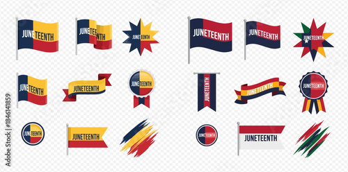 Juneteenth celebration banners, flags, and badges in various designs for freedom day.