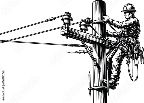 Utility worker climbing pole silhouette, electrical maintenance, safety gear, power line repair, black vector, urban infrastructure, energy distribution, helmet harness spikes