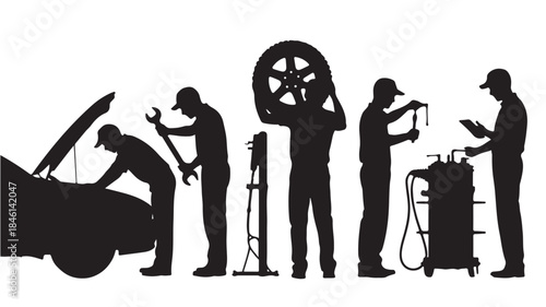 Mechanic Repairing Car, Silhouettes of Men Working on Vehicle, Isolated on White Background