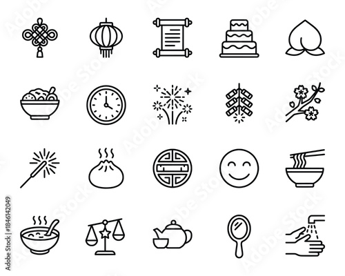 Lunar New Year and Lifestyle Outline Icons