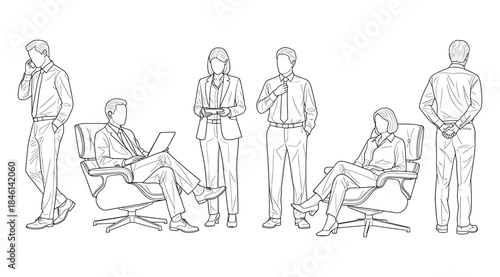 Black-and-white line drawing of six professionals in office setting, seated with laptop or document, standing with phone, conversation, or presentation, symbolizing workplace dynamics, communication, 