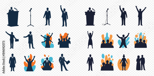Collection of various business people and public speaking silhouettes, illustrating concepts of leadership, presentation, and audience engagement.