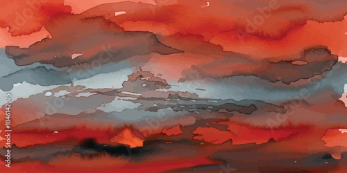 Intense Watercolor Sunset Sky Abstract Background Vector Fiery Red Orange and Slate Blue Texture