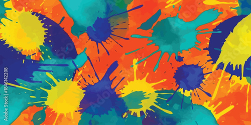 Vibrant abstract vector background with colorful paint splatters in orange yellow blue and cyan