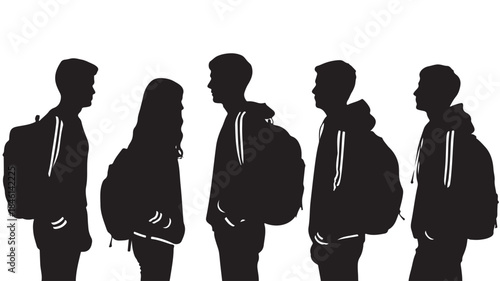 Group of Young People with Backpacks Standing Together Isolated on White Background