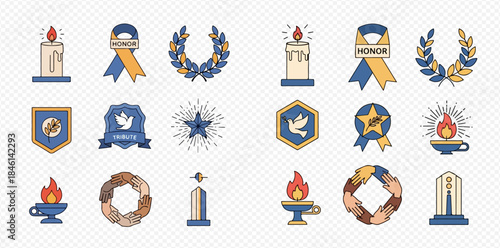 Set of memorial and remembrance icons including candles, wreaths, ribbons, and symbols of peace and honor.