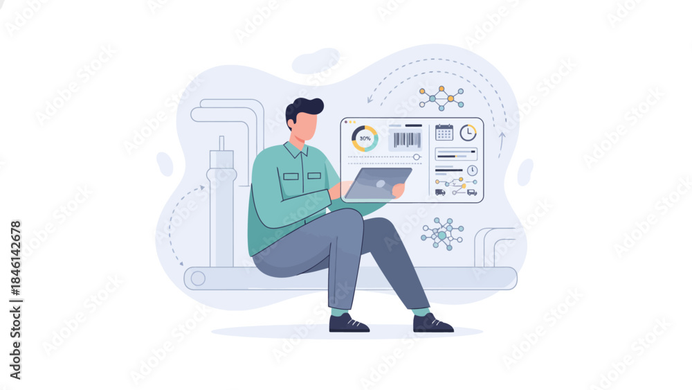 Fototapeta premium A man working on a laptop with data analytics and scientific visualizations in an industrial setting.