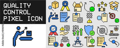 Set of pixel quality control icon vector for software and manufacturing. Ideal for symbolizing approval, standards, inspection, and retro interfaces.