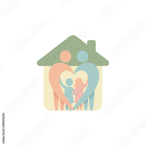Stylized illustration of a family of four forming a heart shape inside their home, symbolizing love, unity, and security