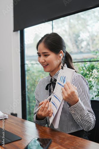 Overjoyed businesswoman happy for successful work.