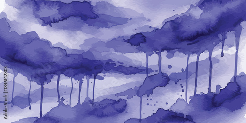 Deep Violet Watercolor Texture Background with Dripping Paint Splatters and Grunge Effect