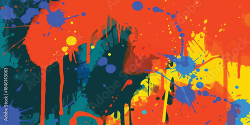 Vibrant Orange Teal and Yellow Paint Splatter Abstract Vector Background Texture