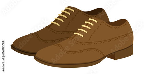 Oxford mens formal brown flat pair. Classic closed lace up leather footwear technical illustration. Vector flat CAD mockup sketch women unisex business style outline isolated on white background.