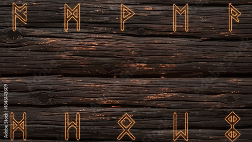 Ancient Elder Futhark Runes Golden Outline on Dark Rustic Wooden Background Mystical
