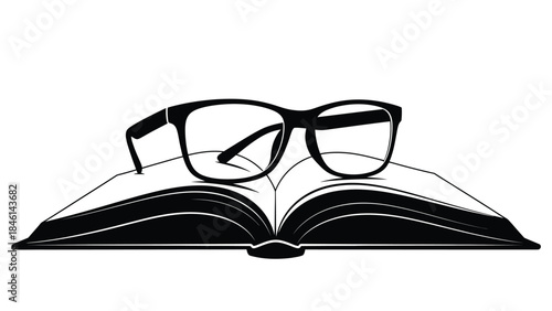 An open book with a pair of modern eyeglasses resting on top