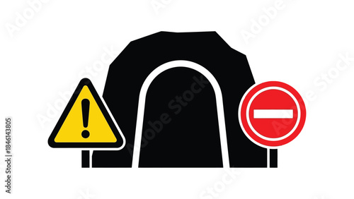Caution tunnel ahead no entry warning and prohibition signage