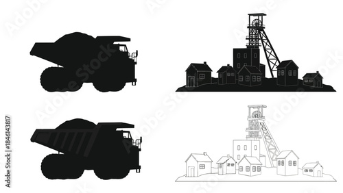 Industrial scene depicting mining equipment buildings and a silhouette illustration