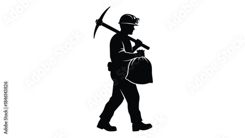 Silhouette of a miner carrying a pickaxe and bag side view