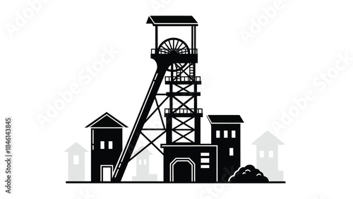 A black and white illustration of a mining structure with surrounding buildings