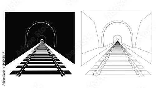 A railway track receding into a tunnel shown in contrasting styles