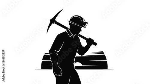 Silhouette of a miner carrying a pickaxe near a mine entrance