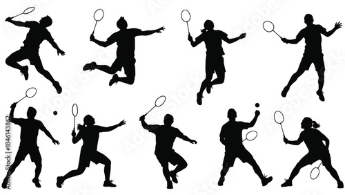 Silhouettes of athletes in dynamic poses playing tennis or badminton