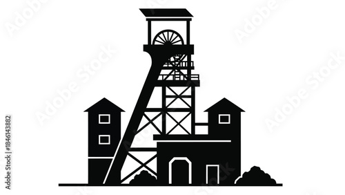 A striking black and white illustration of a mine shaft headframe and buildings