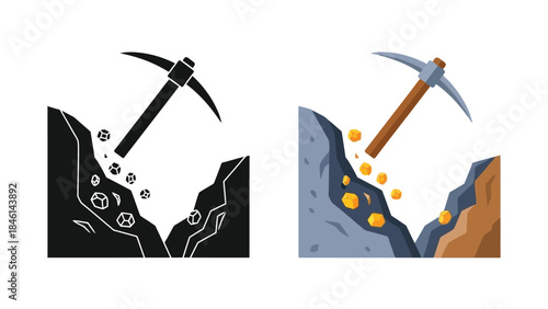Mining tools and rock formations with gold nuggets illustrated in two styles