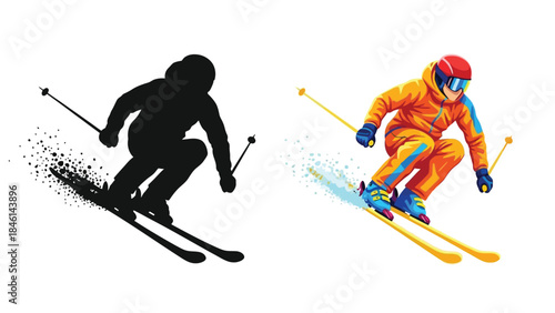 Skiing illustration showing a colorful skier and its silhouette in action