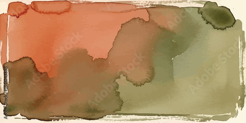 Abstract watercolor wash background in rustic earth tones featuring burnt orange and olive green gradient blend texture