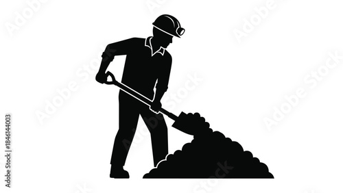 Silhouette of a miner digging with a shovel representing hard work