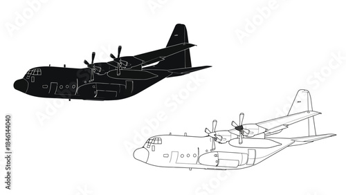 Black and white illustration depicting a military transport aircraft in flight