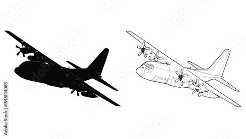 A detailed illustration showcasing two views of a military transport aircraft
