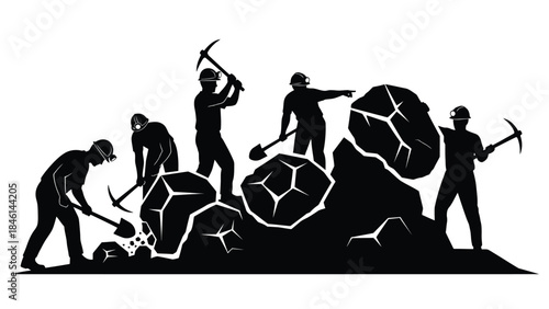 Silhouette illustration of miners excavating rocks and gemstones from the earth