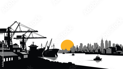 Silhouette of a harbor city with cargo ships and a setting sun