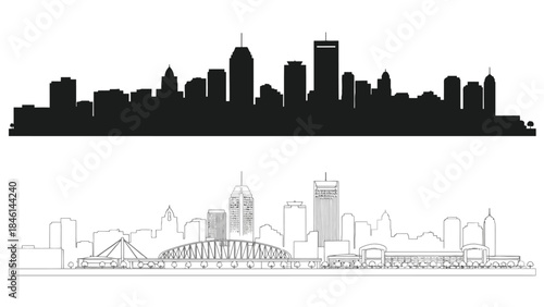 A striking silhouette of a modern city skyline against a white background
