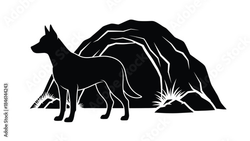 A striking black silhouette of a canine guarding the entrance to a cave