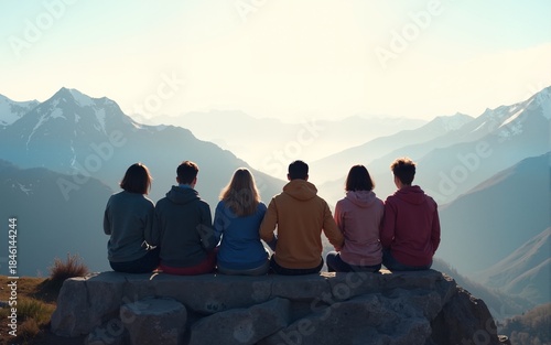 Group of friends sits on the top of mountain and having fun on mountains backdrop : Generative AI. High quality