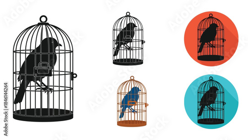 Stylized birdcage and bird illustrations in varying colors and designs