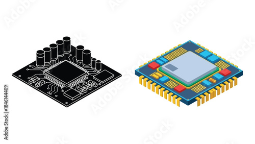Isometric representation of a computer processor chip with a detailed design