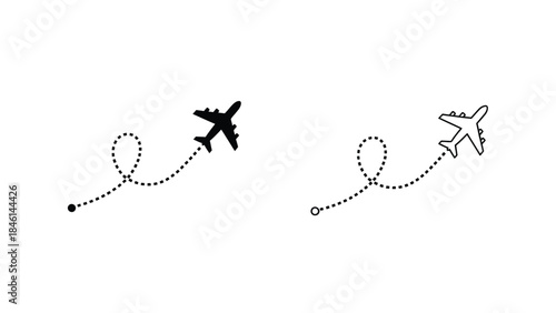 Two airplanes following dotted paths representing travel and flight routes