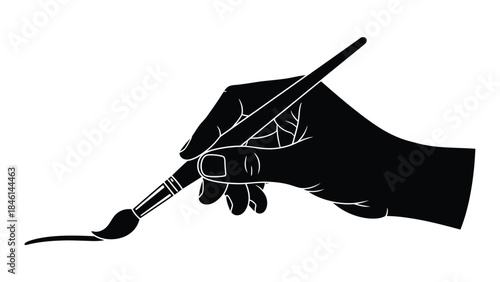 A black silhouette of a hand delicately holding a paintbrush