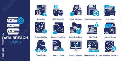 Data Breach Icon set. Containing theft, intrusion, spyware, malware, ransomware, phishing and more. Solid vector icons collection. Vector illustration.