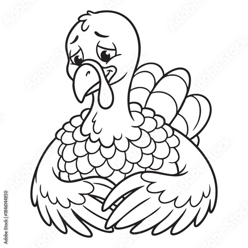 a detailed black and white illustration of a sad looking cartoon turkey with feathered body and drooping expression